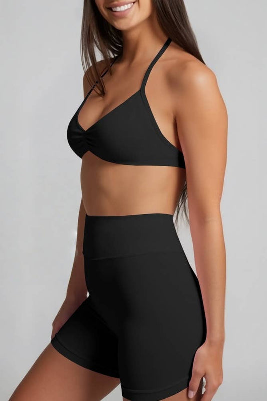 Black Polka Sport Halter Bra Scrunch Shorts Athletic Set