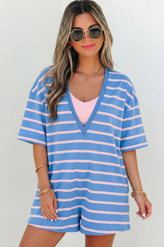 Jolie Stripe V & Round Neck Loose Fit Romper