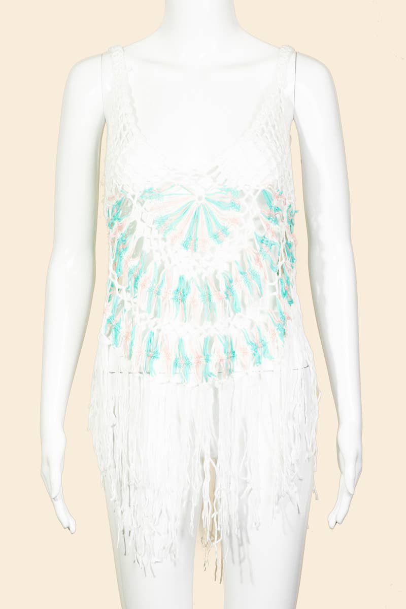 Ariel Fishnet Knit Fringe Cover Up
