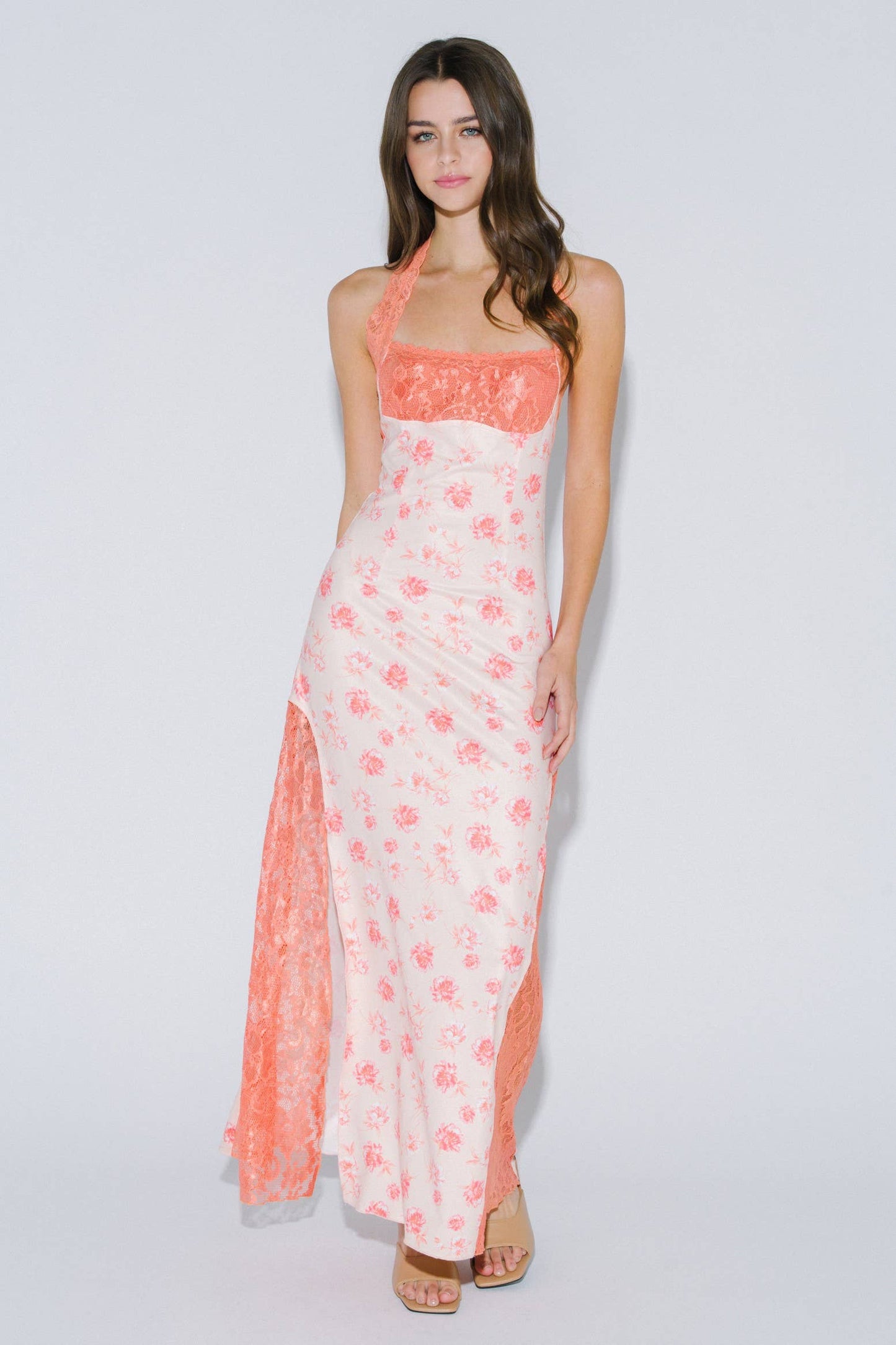 Polly Floral Print Lace Contrast Halter Maxim Dress