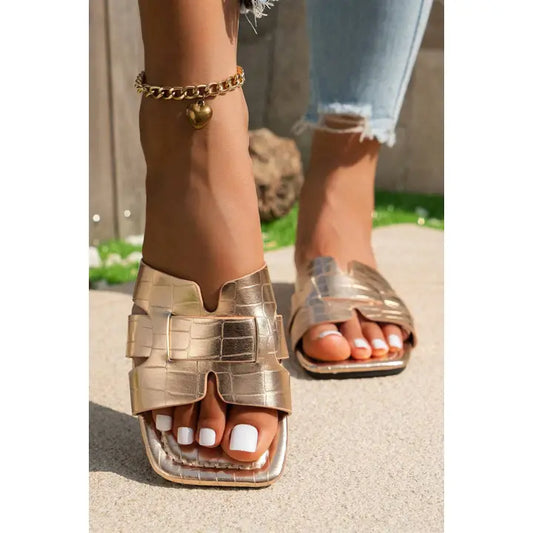 Crocodile Pattern Gold Flat Slippers