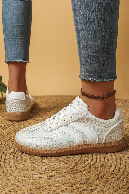 PU Leather Detail Shimmer Leopard Printed Lace-up Sneakers