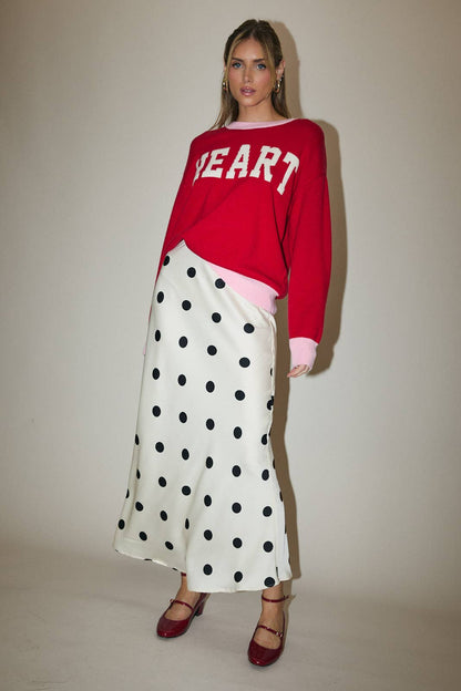 Maddie Polka Dot Satin Midi Skirt With Elastic Waist