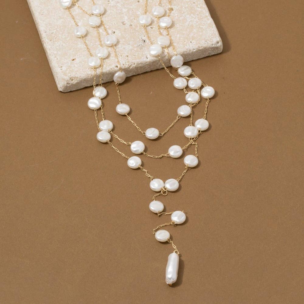 Triple Layer Coin Pearl Lariat Necklace