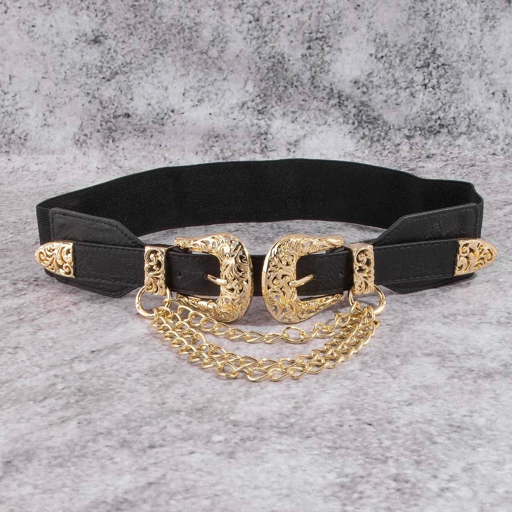 Double Buckle Chain Detail Leather Belt