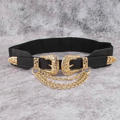 Double Buckle Chain Detail Leather Belt