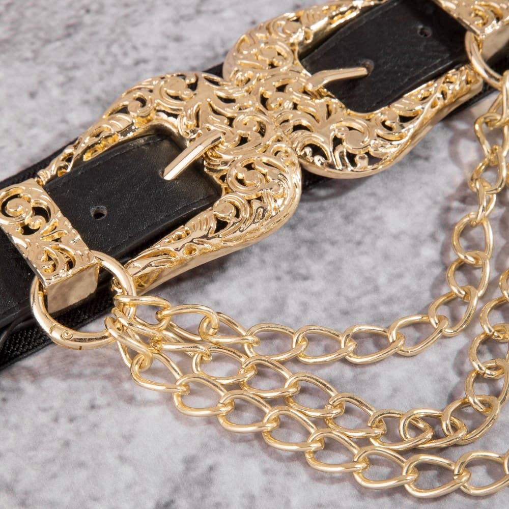 Double Buckle Chain Detail Leather Belt