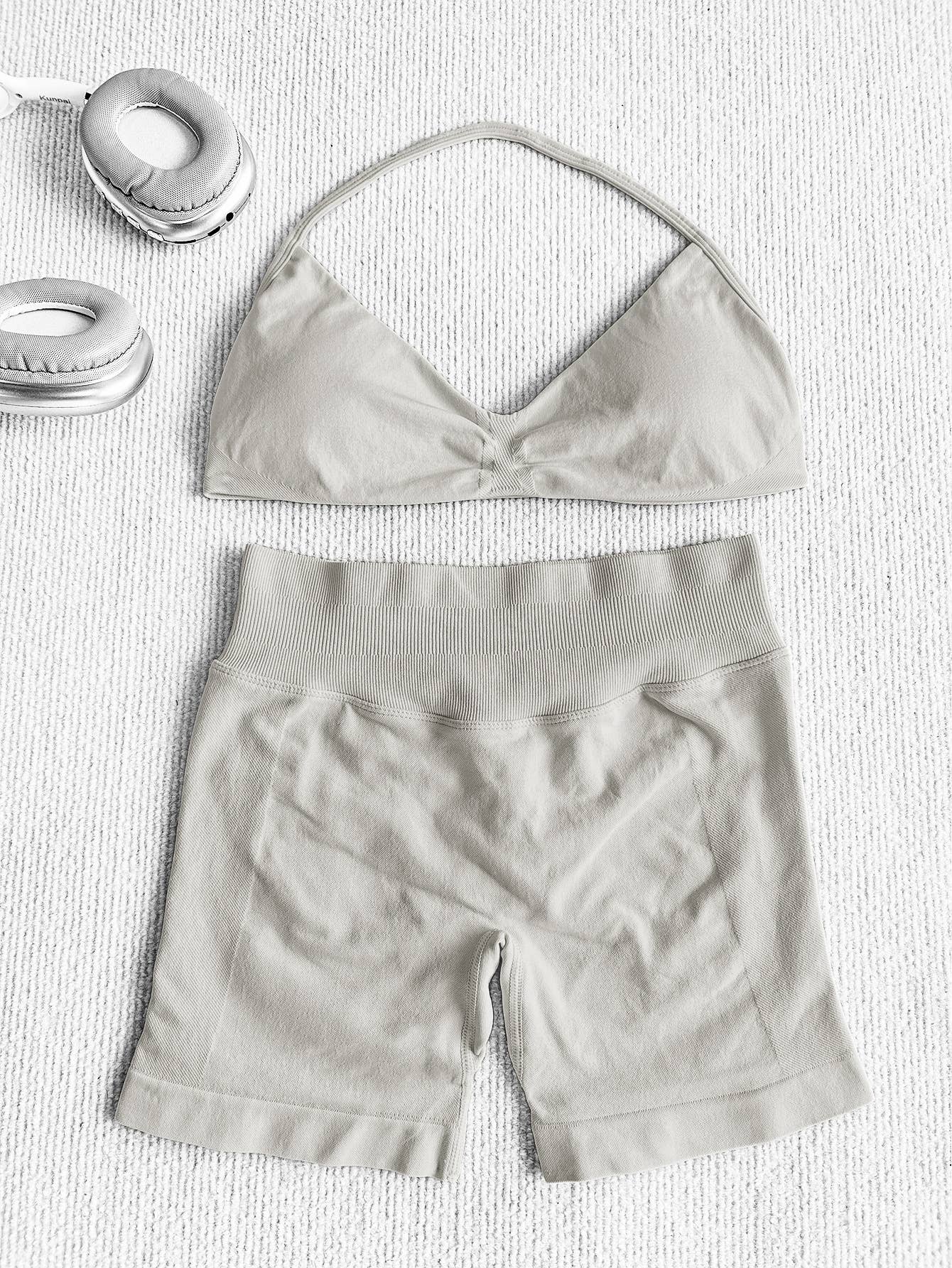 Black Polka Sport Halter Bra Scrunch Shorts Athletic Set