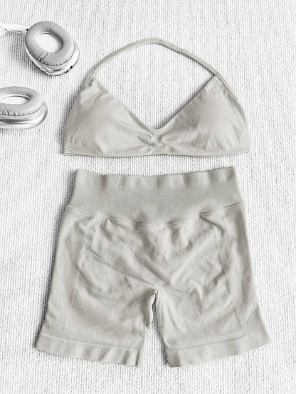 Black Polka Sport Halter Bra Scrunch Shorts Athletic Set