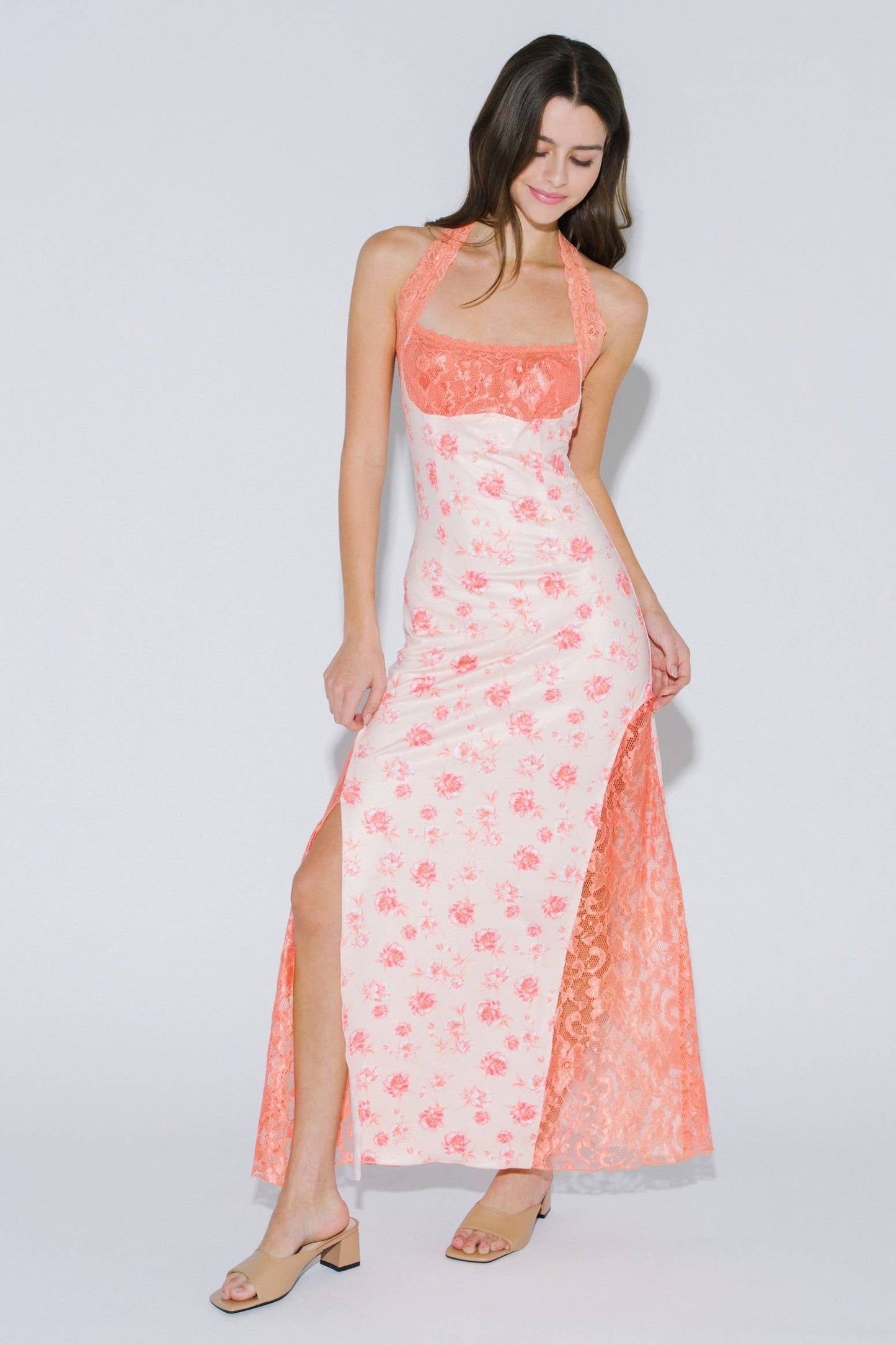 Polly Floral Print Lace Contrast Halter Maxim Dress