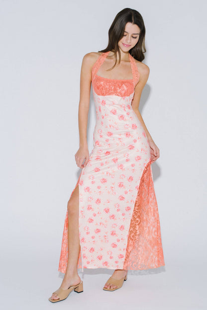 Polly Floral Print Lace Contrast Halter Maxim Dress