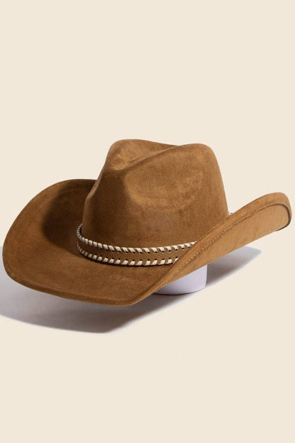 Brown Braided Strap Faux Suede Western Cowboy Hat
