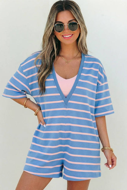 Jolie Stripe V & Round Neck Loose Fit Romper