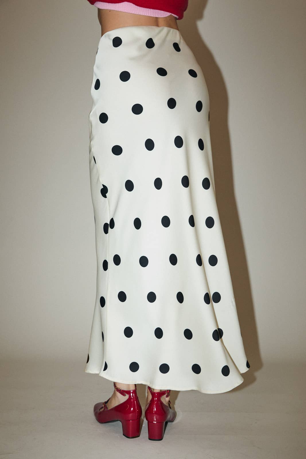Maddie Polka Dot Satin Midi Skirt With Elastic Waist