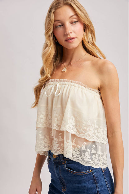 Tiffany Tiered Lace Front Tie Tube Top
