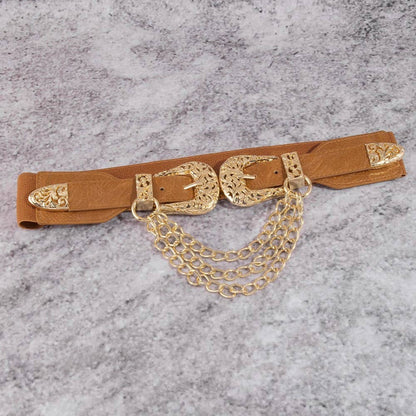 Double Buckle Chain Detail Leather Belt