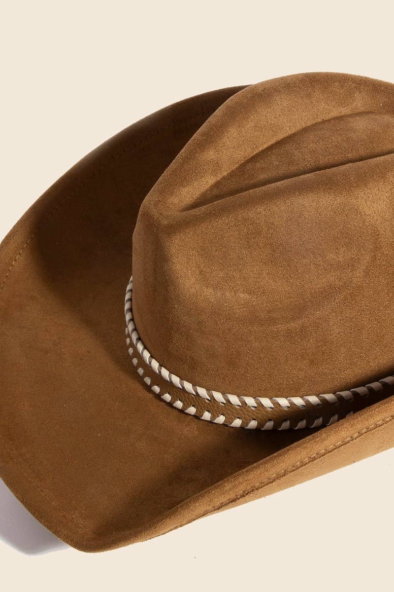 Brown Braided Strap Faux Suede Western Cowboy Hat