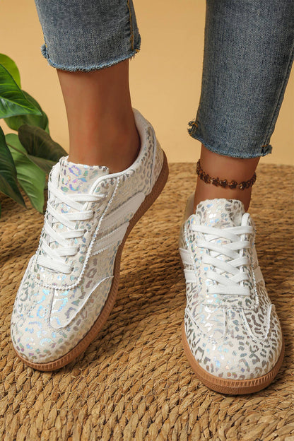 PU Leather Detail Shimmer Leopard Printed Lace-up Sneakers