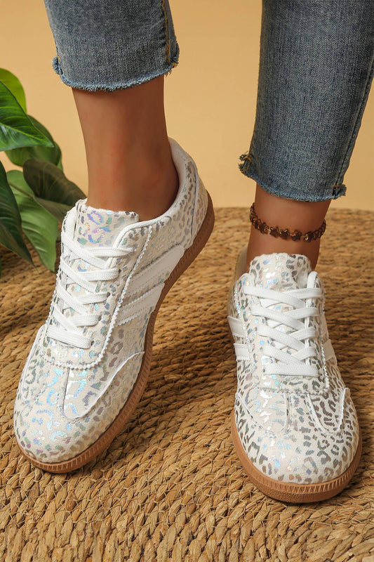 PU Leather Detail Shimmer Leopard Printed Lace-up Sneakers