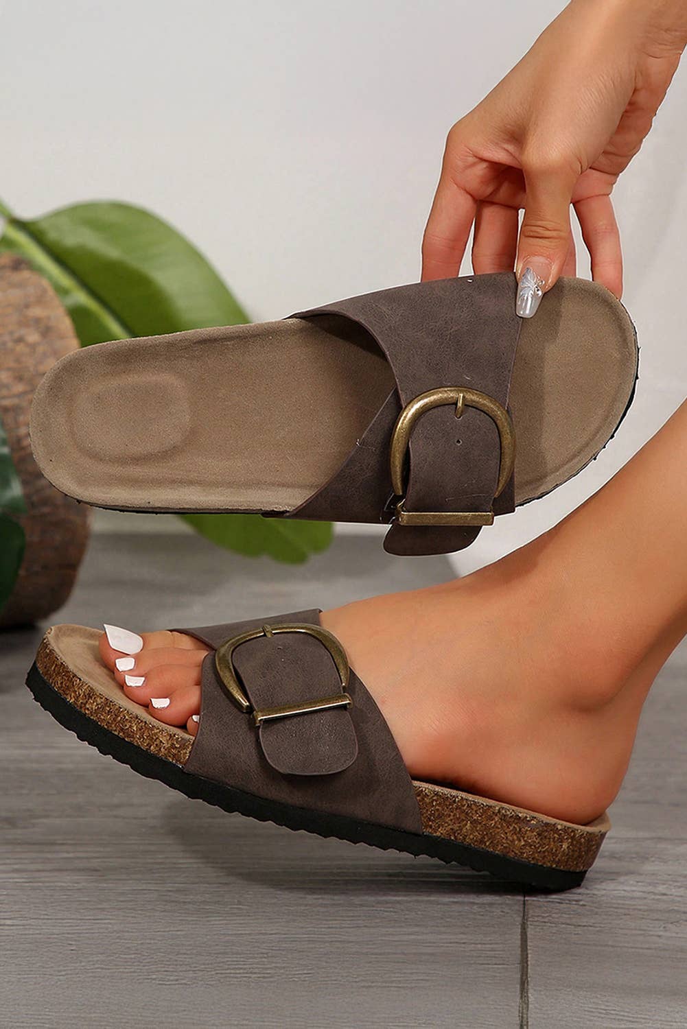 Buckle Decor Faux Suede Thick Sole Slippers