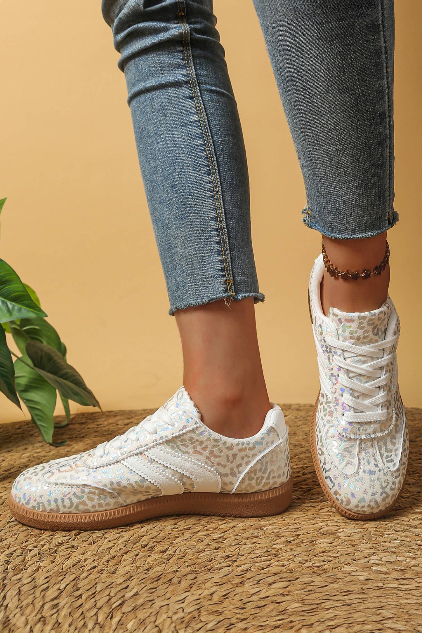 PU Leather Detail Shimmer Leopard Printed Lace-up Sneakers