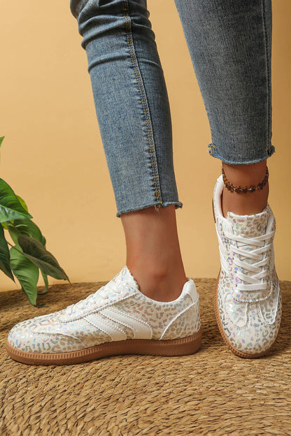 PU Leather Detail Shimmer Leopard Printed Lace-up Sneakers