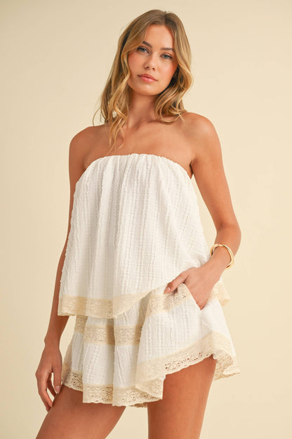 Diane Textured Layered Tube Romper With Lace Trim