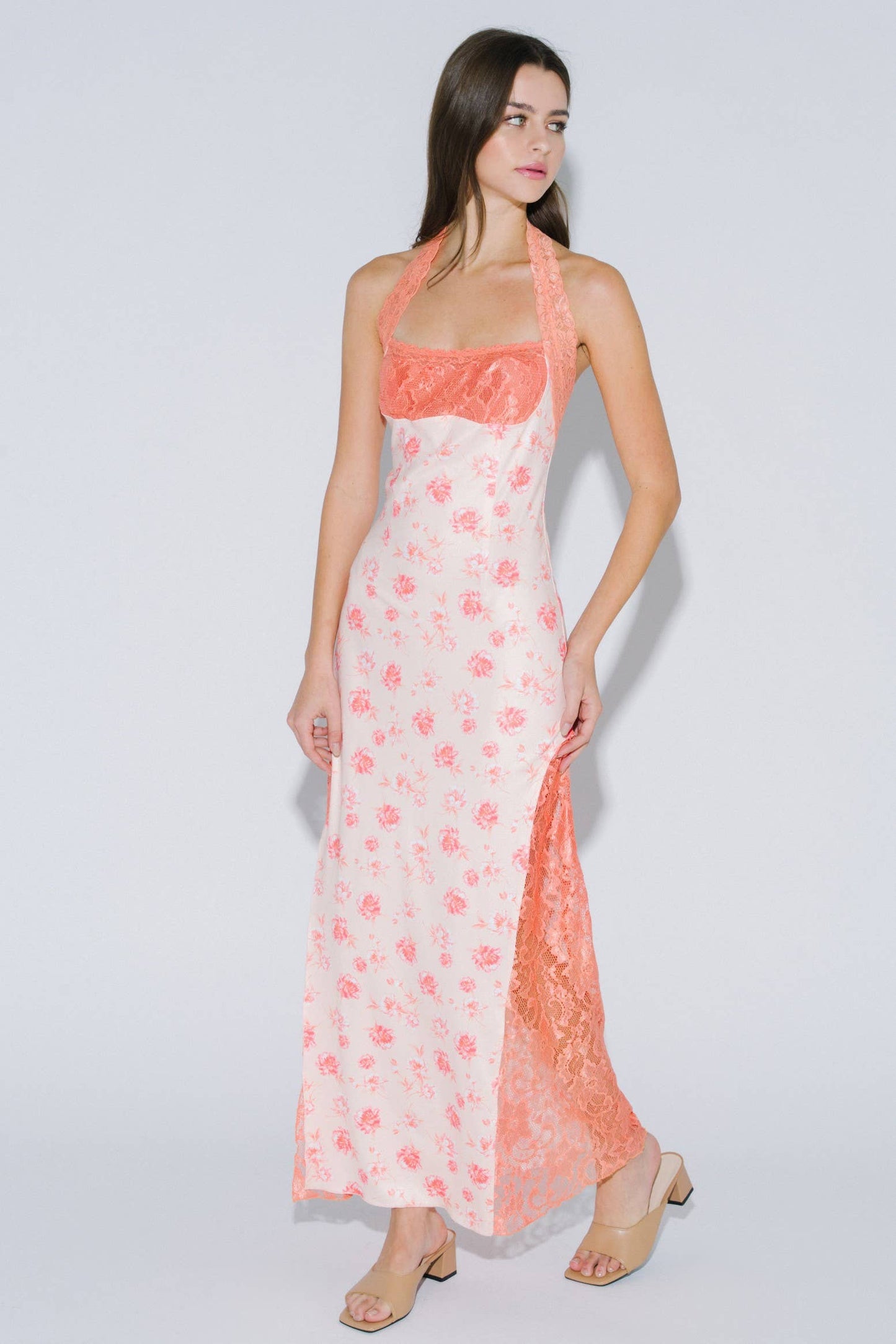 Polly Floral Print Lace Contrast Halter Maxim Dress