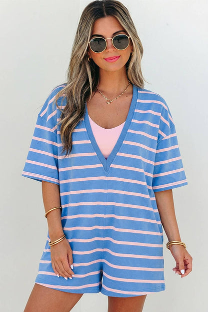 Jolie Stripe V & Round Neck Loose Fit Romper