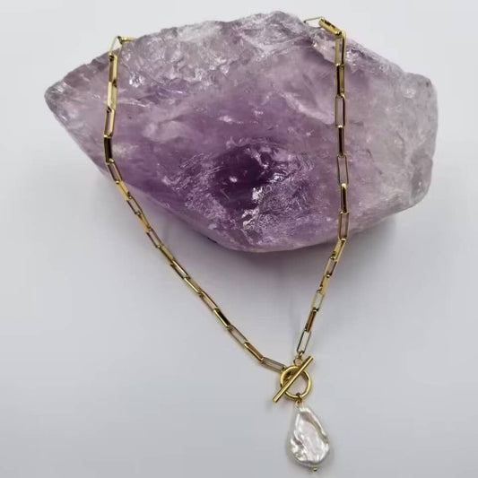 Gold Paperclip Baroque Pearl Necklace