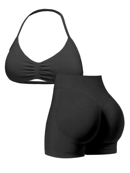 Kara Black Halter Neck Top and Biker Short Set