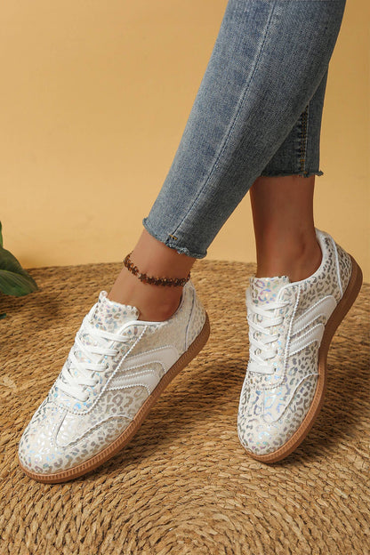 PU Leather Detail Shimmer Leopard Printed Lace-up Sneakers