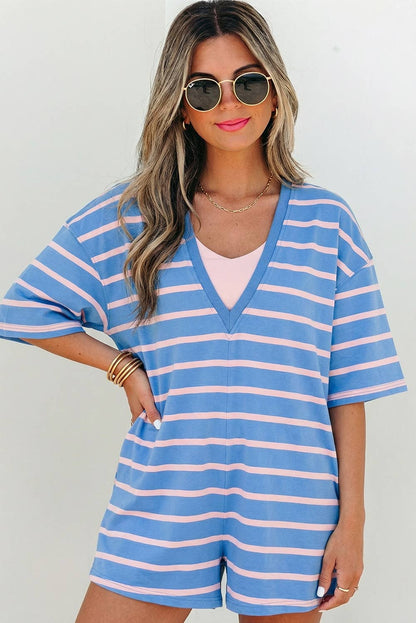Jolie Stripe V & Round Neck Loose Fit Romper