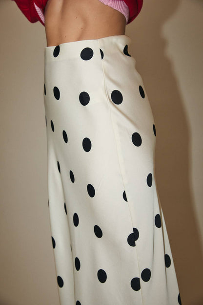 Maddie Polka Dot Satin Midi Skirt With Elastic Waist