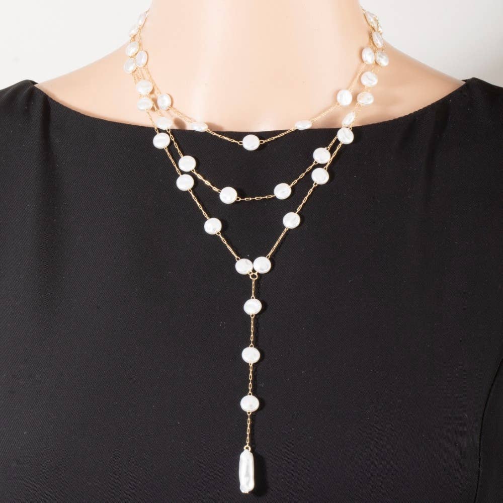Triple Layer Coin Pearl Lariat Necklace