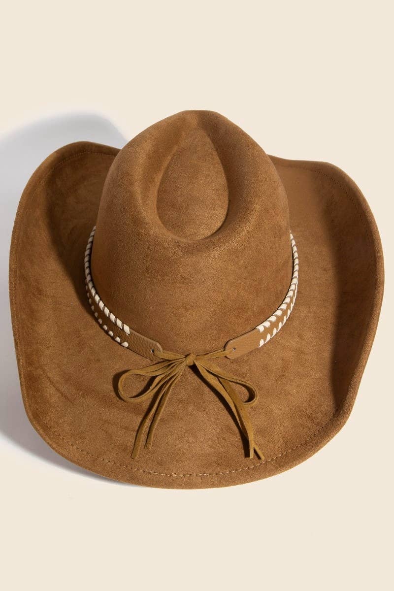 Brown Braided Strap Faux Suede Western Cowboy Hat