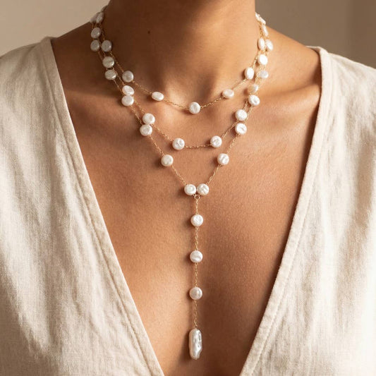 Triple Layer Coin Pearl Lariat Necklace