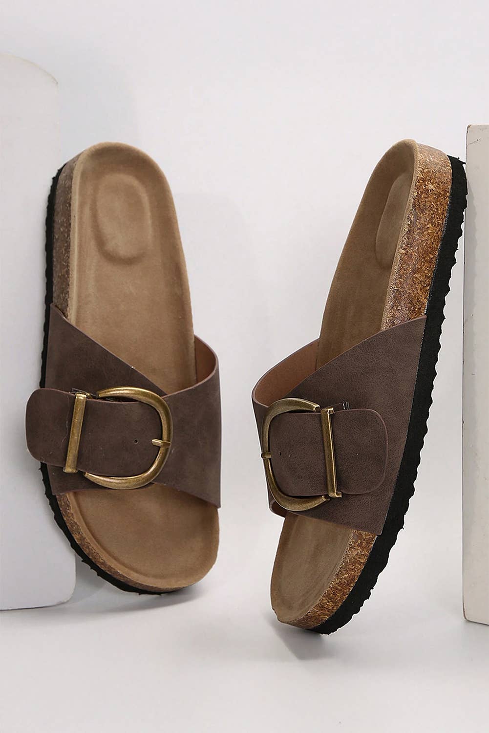 Buckle Decor Faux Suede Thick Sole Slippers