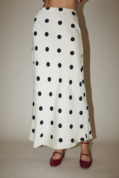 Maddie Polka Dot Satin Midi Skirt With Elastic Waist