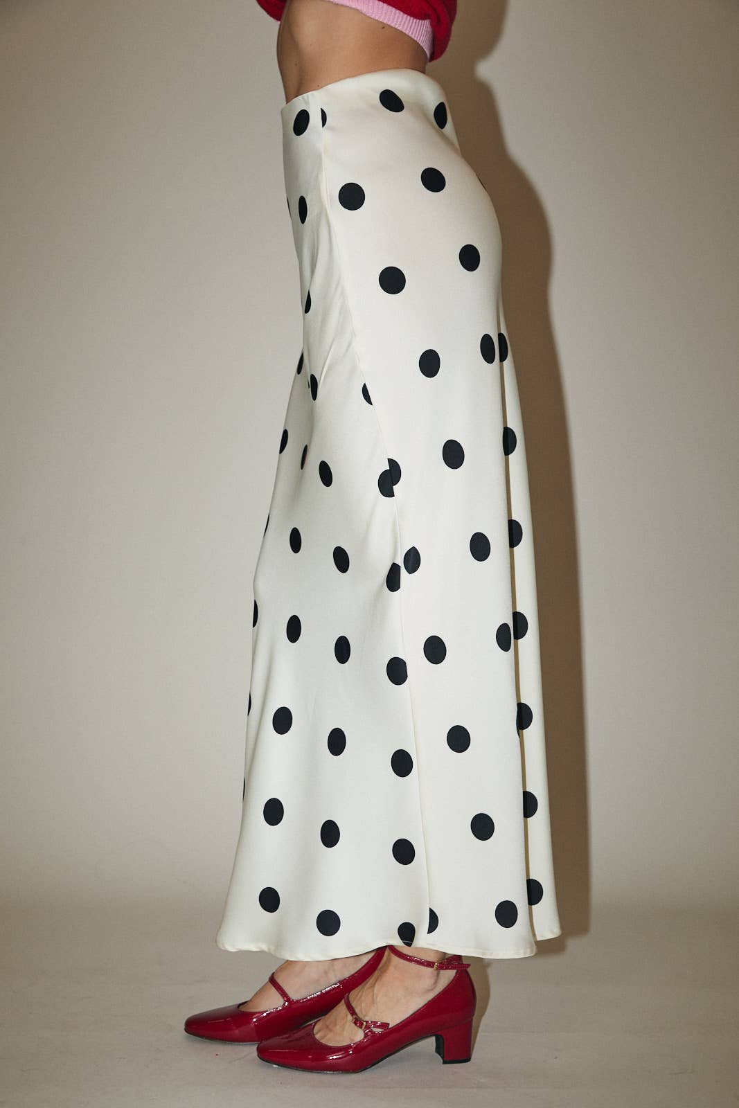 Maddie Polka Dot Satin Midi Skirt With Elastic Waist