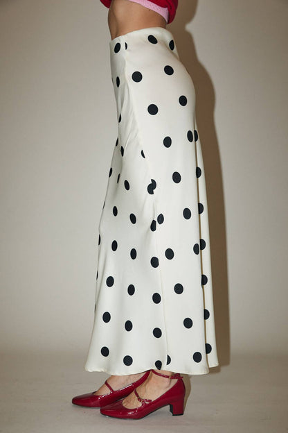 Maddie Polka Dot Satin Midi Skirt With Elastic Waist
