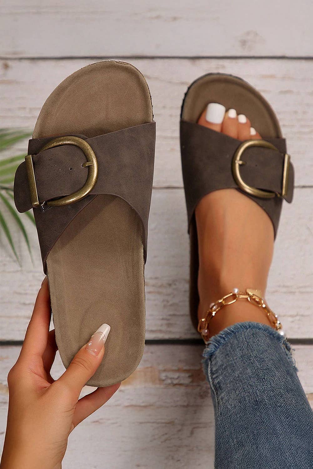 Buckle Decor Faux Suede Thick Sole Slippers