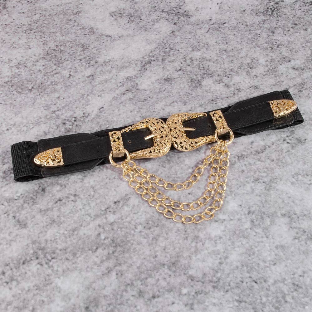 Double Buckle Chain Detail Leather Belt