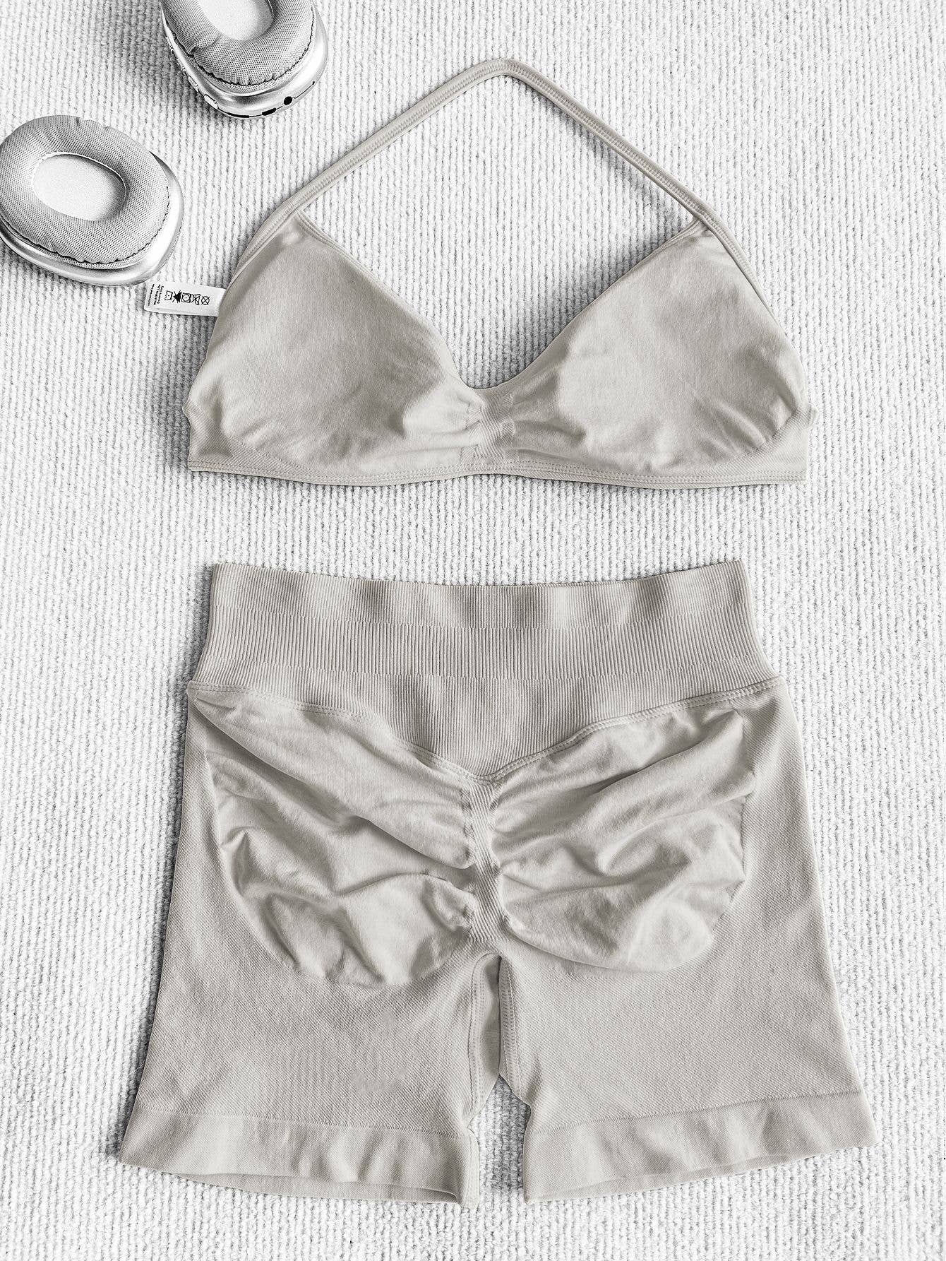 Black Polka Sport Halter Bra Scrunch Shorts Athletic Set