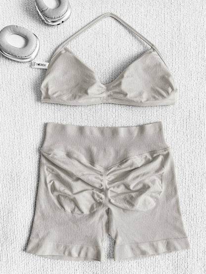 Black Polka Sport Halter Bra Scrunch Shorts Athletic Set