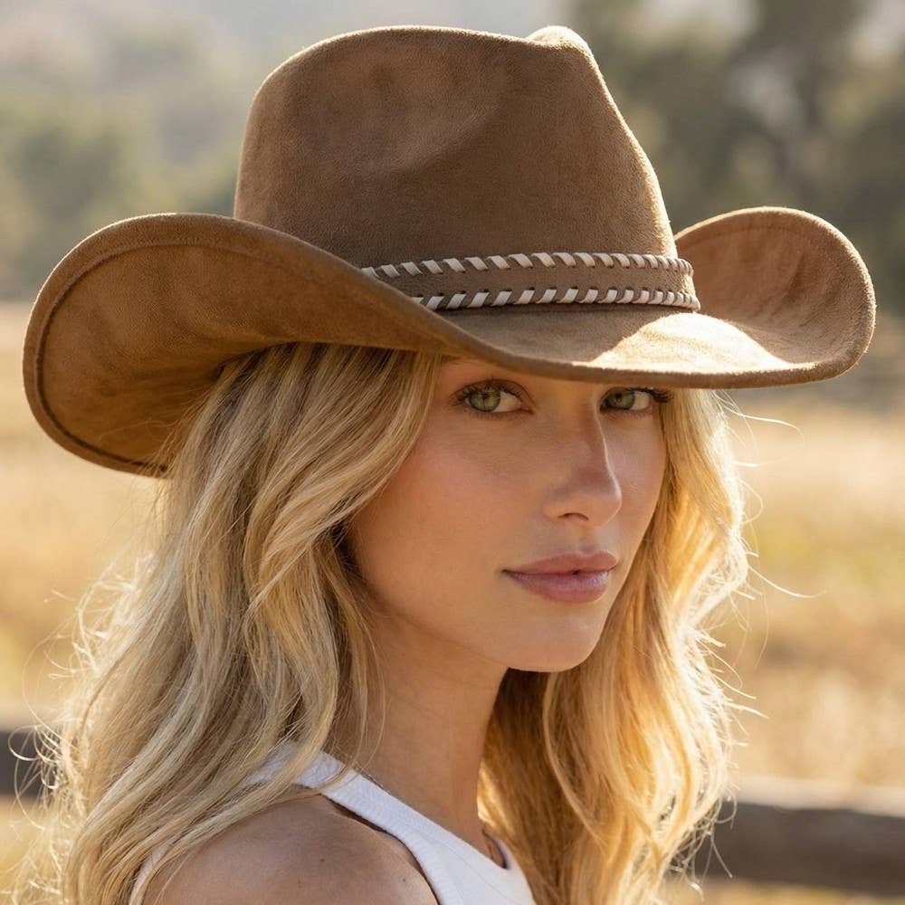Brown Braided Strap Faux Suede Western Cowboy Hat