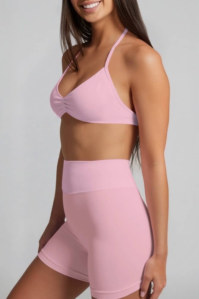 Black Polka Sport Halter Bra Scrunch Shorts Athletic Set