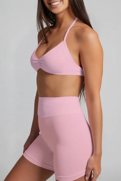 Black Polka Sport Halter Bra Scrunch Shorts Athletic Set