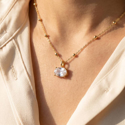 Cz Oval Solitaire Pendant Satellite Chain Necklace