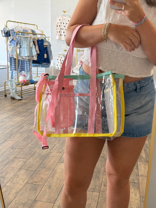 Multicolor Clear Tote Bag and Mesh Cup Holder